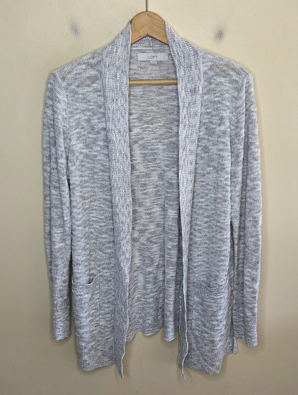 Loft White Gray Brown Marled Open Front Cardigan Sweater Size Large Cozy Layer